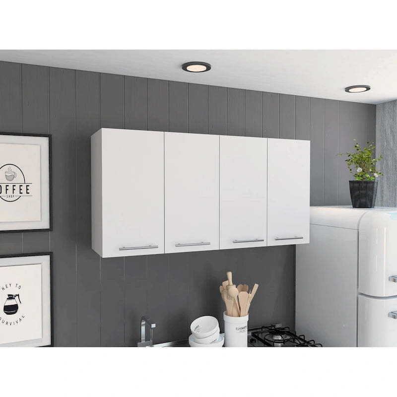 Meuble mural à quatre portes, conception à deux modules, étagères à deux niveaux — blanc