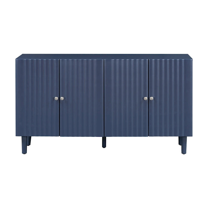 Elegante aparador de cuatro puertas con puertas de diseño ondulado, patas cilíndricas y elegantes tiradores metálicos, ajustable, para sala de estar