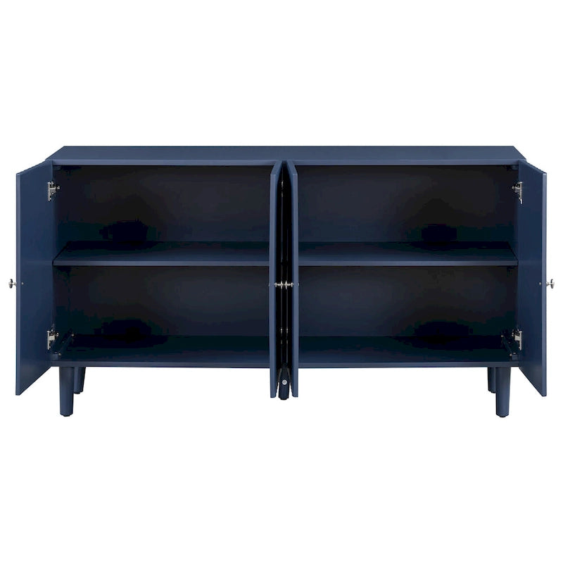 Elegante aparador de cuatro puertas con puertas de diseño ondulado, patas cilíndricas y elegantes tiradores metálicos, ajustable, para sala de estar