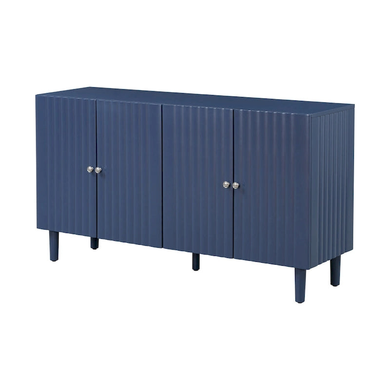 Elegante aparador de cuatro puertas con puertas de diseño ondulado, patas cilíndricas y elegantes tiradores metálicos, ajustable, para sala de estar