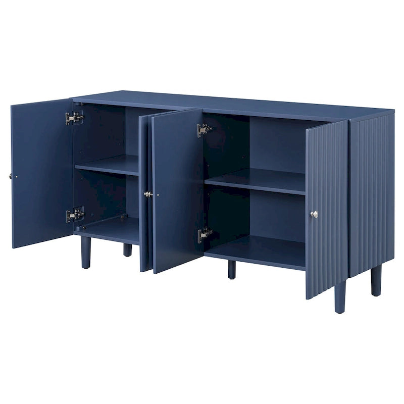 Elegante aparador de cuatro puertas con puertas de diseño ondulado, patas cilíndricas y elegantes tiradores metálicos, ajustable, para sala de estar