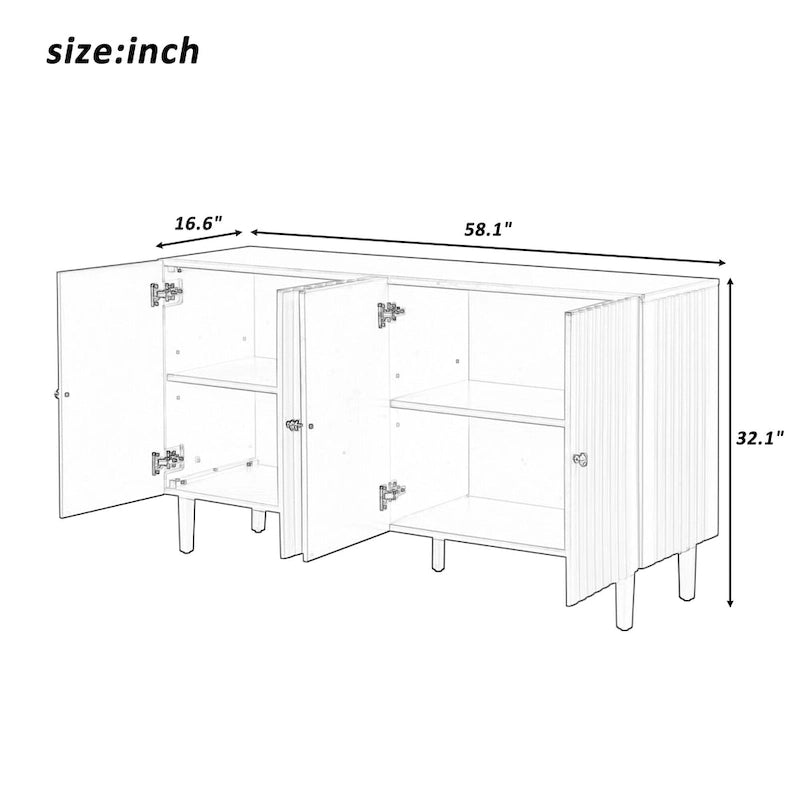 Elegante aparador de cuatro puertas con puertas de diseño ondulado, patas cilíndricas y elegantes tiradores metálicos, ajustable, para sala de estar