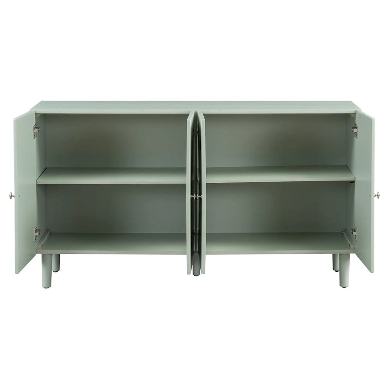 Elegante aparador de cuatro puertas con puertas de diseño ondulado, patas cilíndricas y elegantes tiradores metálicos, ajustable, para sala de estar