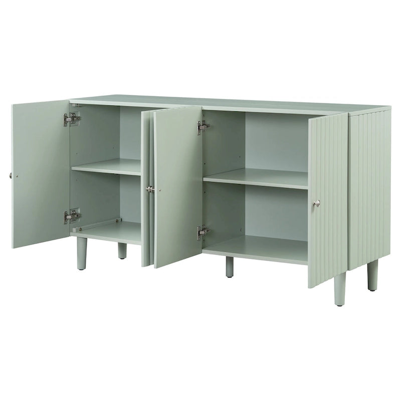 Elegante aparador de cuatro puertas con puertas de diseño ondulado, patas cilíndricas y elegantes tiradores metálicos, ajustable, para sala de estar