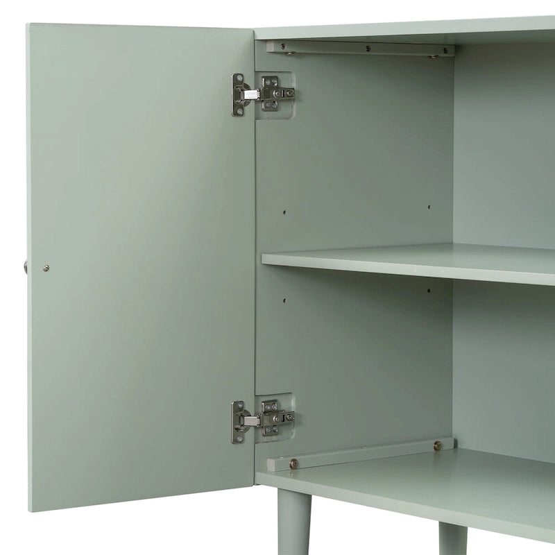 Elegante aparador de cuatro puertas con puertas de diseño ondulado, patas cilíndricas y elegantes tiradores metálicos, ajustable, para sala de estar