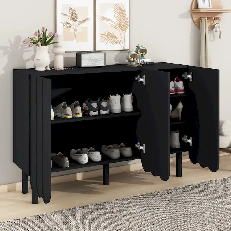 Meuble à chaussures minimaliste crème avec 5 pieds en bois massif, buffet avec étagères réglables
