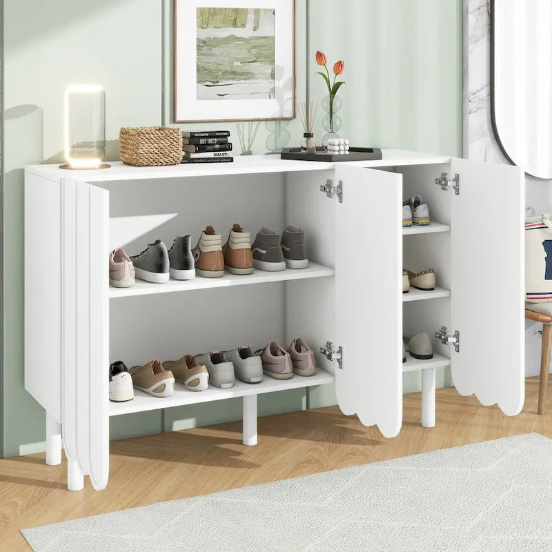 Meuble à chaussures minimaliste crème avec 5 pieds en bois massif, buffet avec étagères réglables