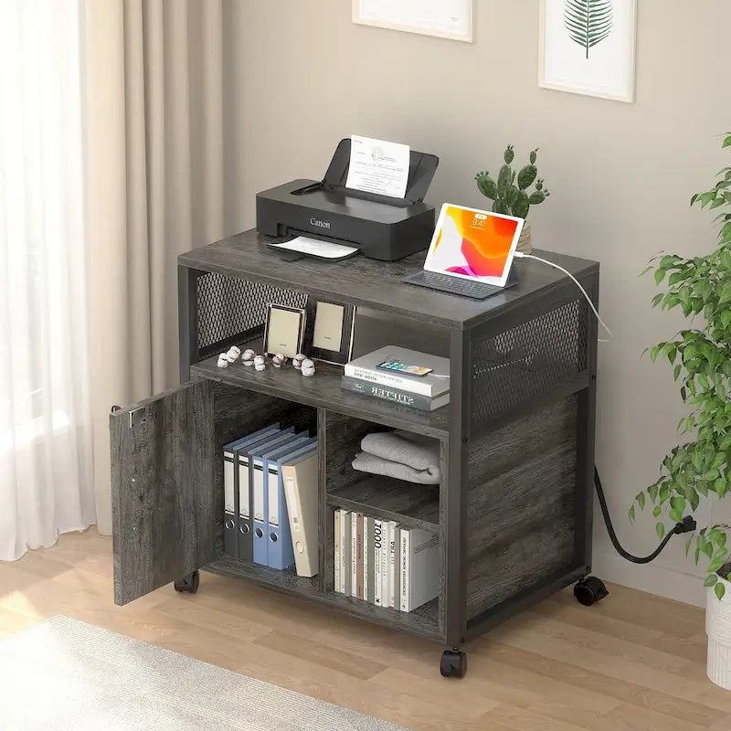 Classeur latéral à roulettes pour bureau avec station de recharge, support d’imprimante moderne à roulettes
