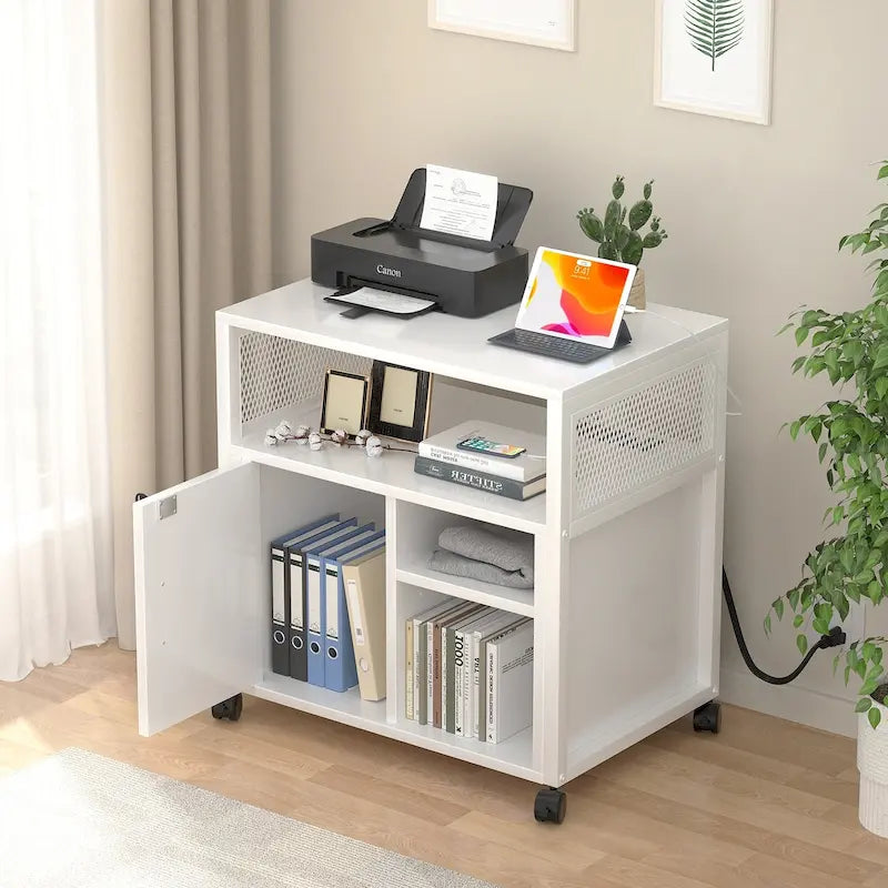Classeur latéral à roulettes pour bureau avec station de recharge, support d’imprimante moderne à roulettes