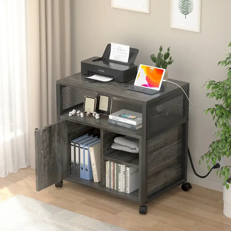 Classeur latéral à roulettes pour bureau avec station de recharge, support d’imprimante moderne à roulettes