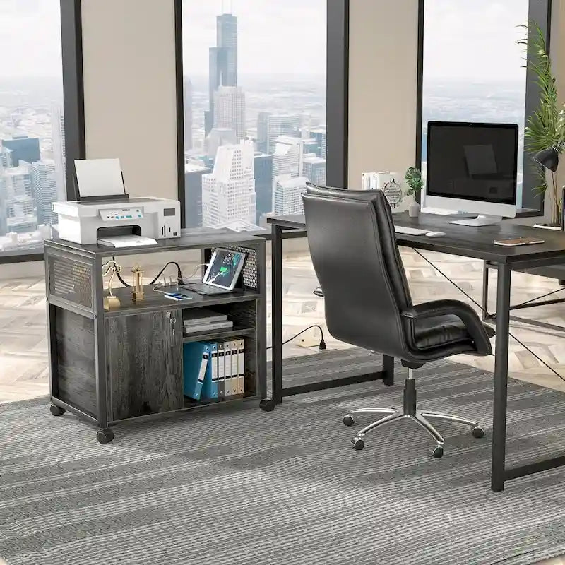 Classeur latéral à roulettes pour bureau avec station de recharge, support d’imprimante moderne à roulettes