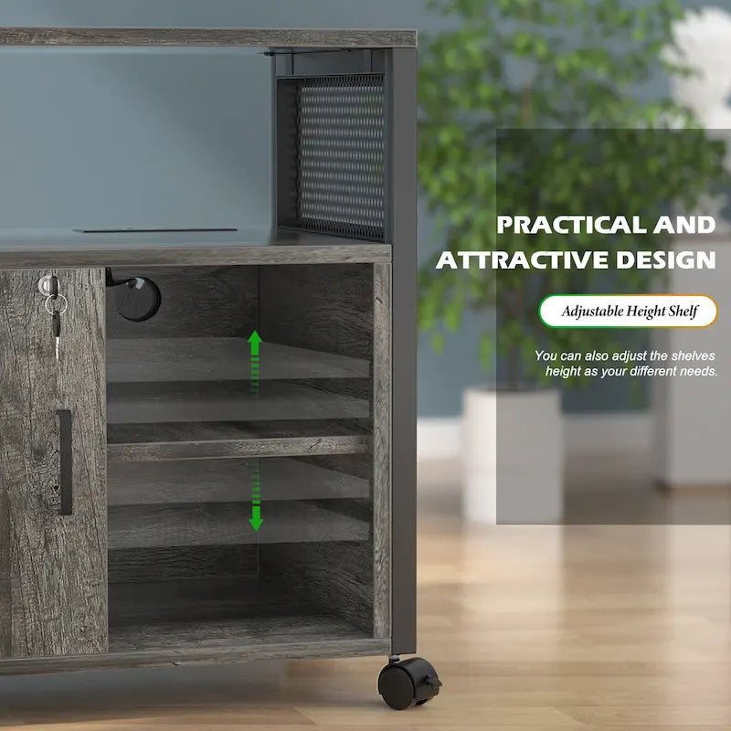 Classeur latéral à roulettes pour bureau avec station de recharge, support d’imprimante moderne à roulettes