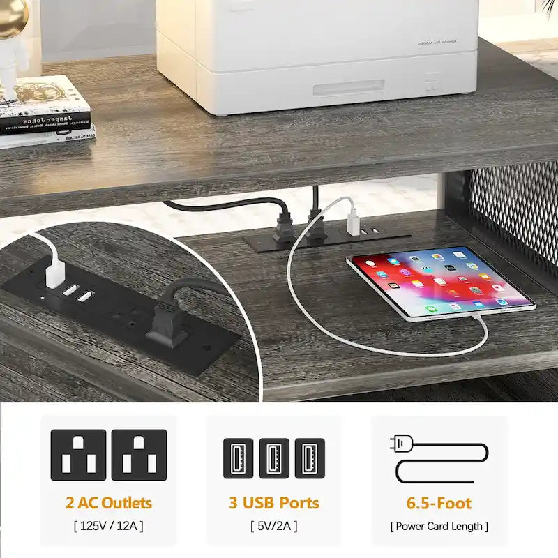 Classeur latéral à roulettes pour bureau avec station de recharge, support d’imprimante moderne à roulettes