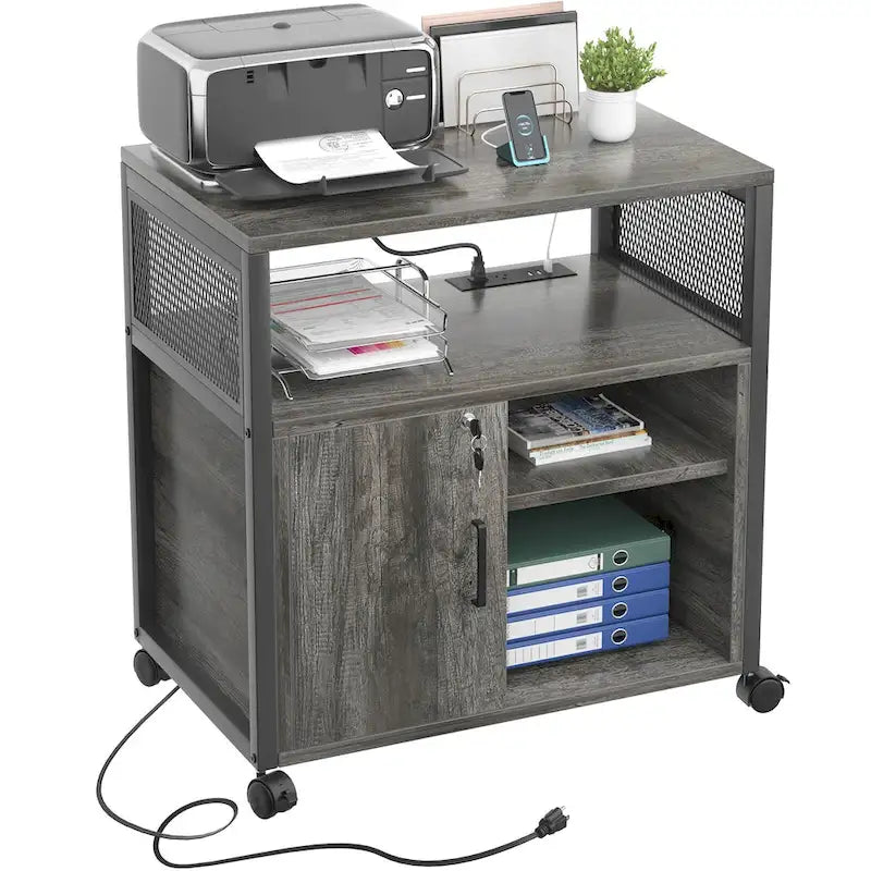 Classeur latéral à roulettes pour bureau avec station de recharge, support d’imprimante moderne à roulettes