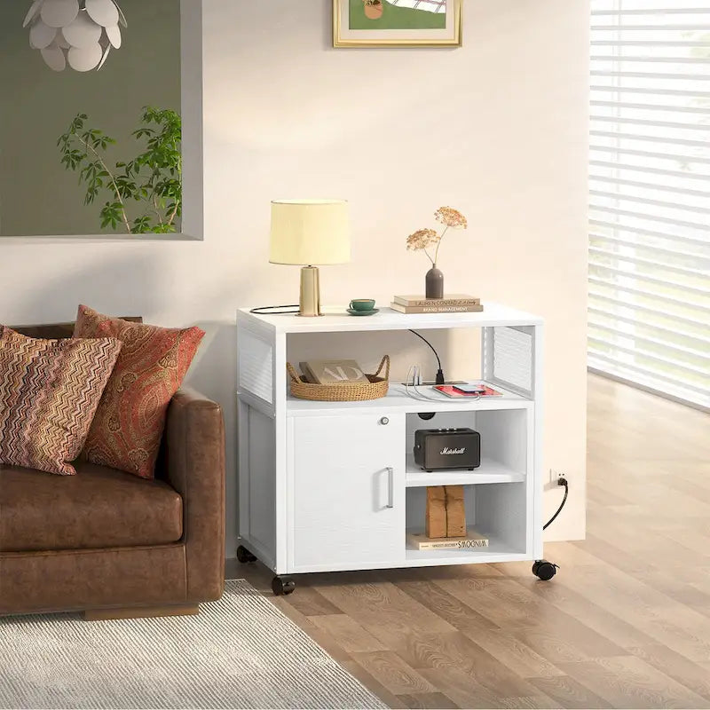 Classeur latéral à roulettes pour bureau avec station de recharge, support d’imprimante moderne à roulettes