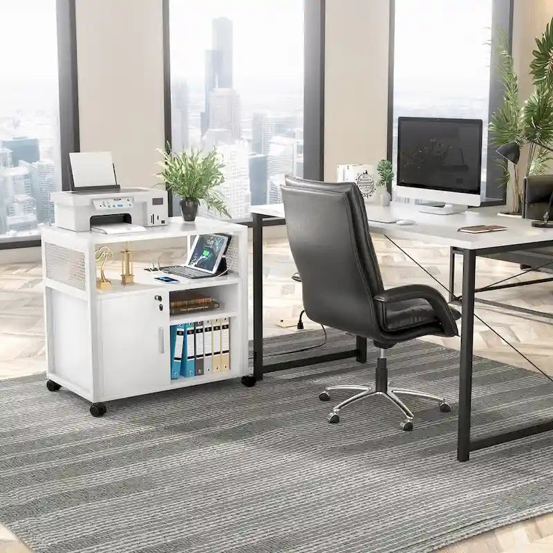 Classeur latéral à roulettes pour bureau avec station de recharge, support d’imprimante moderne à roulettes