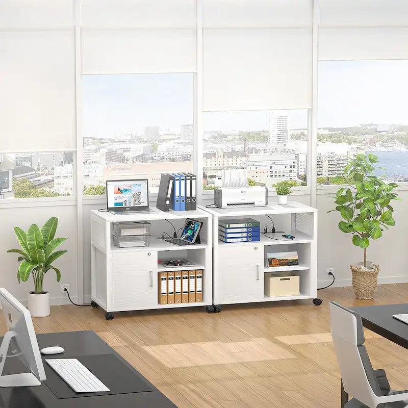 Classeur latéral à roulettes pour bureau avec station de recharge, support d’imprimante moderne à roulettes