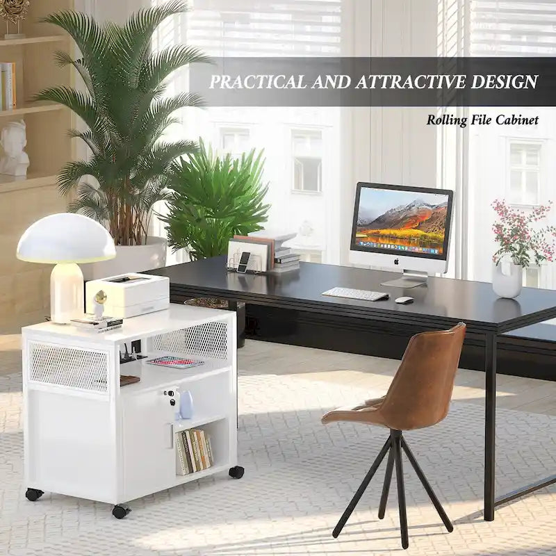 Classeur latéral à roulettes pour bureau avec station de recharge, support d’imprimante moderne à roulettes