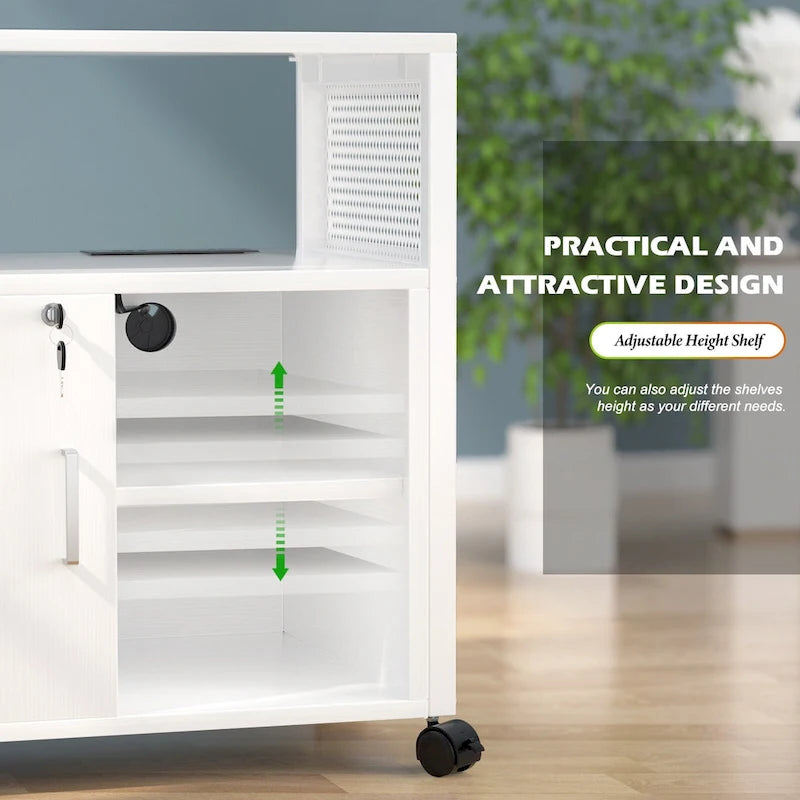 Classeur latéral à roulettes pour bureau avec station de recharge, support d’imprimante moderne à roulettes