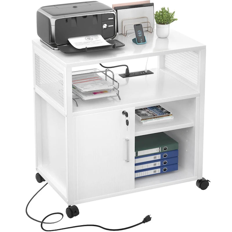 Classeur latéral à roulettes pour bureau avec station de recharge, support d’imprimante moderne à roulettes