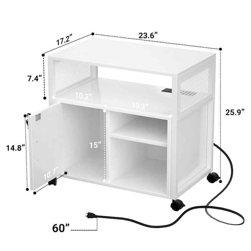 Classeur latéral à roulettes pour bureau avec station de recharge, support d’imprimante moderne à roulettes
