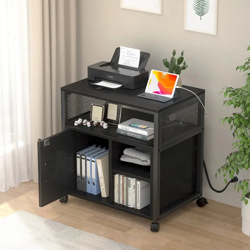 Classeur latéral à roulettes pour bureau avec station de recharge, support d’imprimante moderne à roulettes