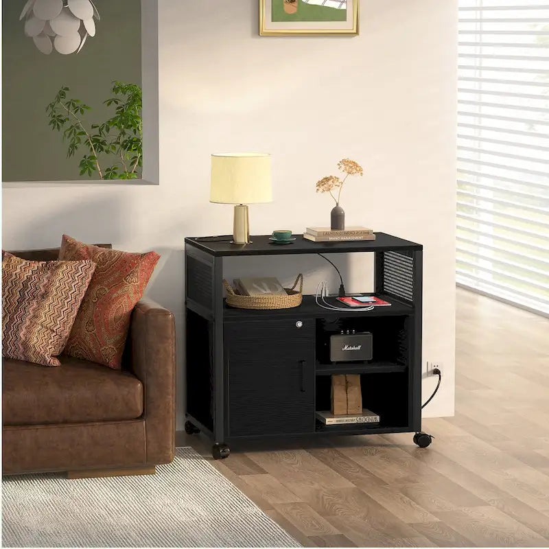 Classeur latéral à roulettes pour bureau avec station de recharge, support d’imprimante moderne à roulettes