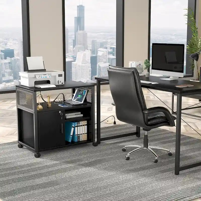 Classeur latéral à roulettes pour bureau avec station de recharge, support d’imprimante moderne à roulettes