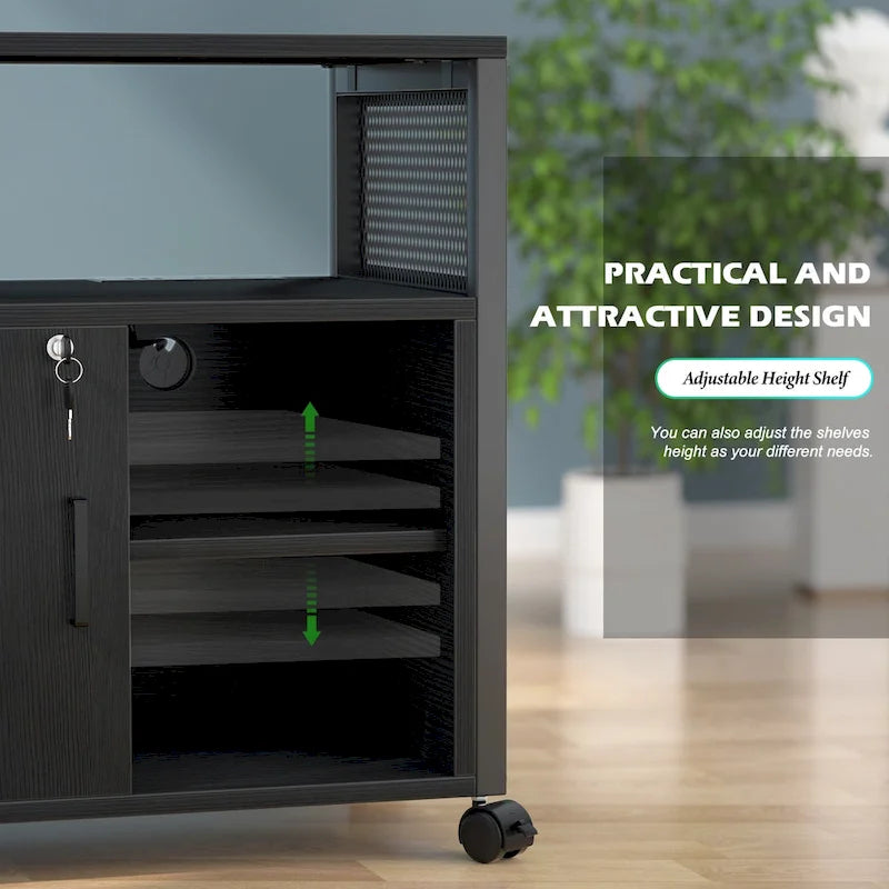 Classeur latéral à roulettes pour bureau avec station de recharge, support d’imprimante moderne à roulettes