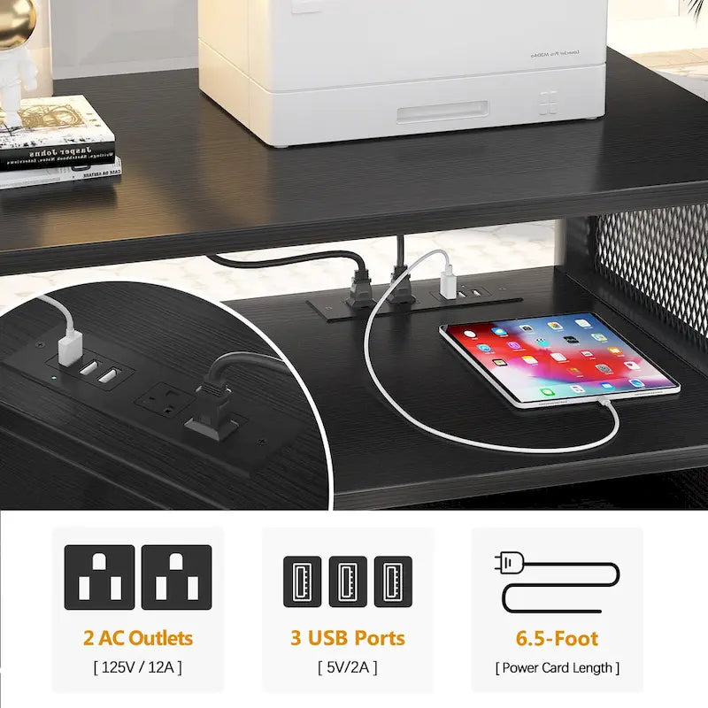 Classeur latéral à roulettes pour bureau avec station de recharge, support d’imprimante moderne à roulettes
