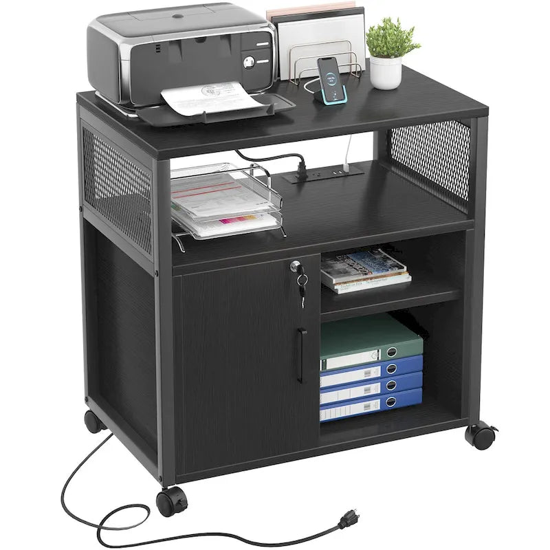Classeur latéral à roulettes pour bureau avec station de recharge, support d’imprimante moderne à roulettes
