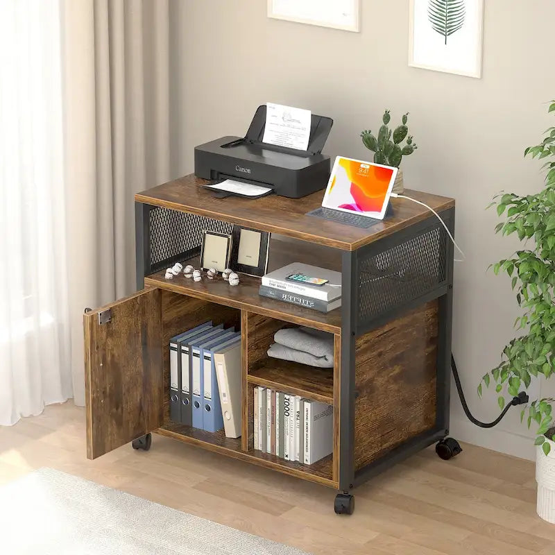 Classeur latéral à roulettes pour bureau avec station de recharge, support d’imprimante moderne à roulettes