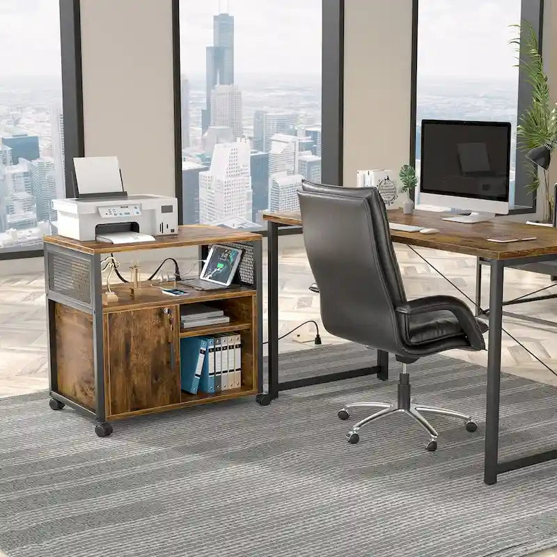 Classeur latéral à roulettes pour bureau avec station de recharge, support d’imprimante moderne à roulettes