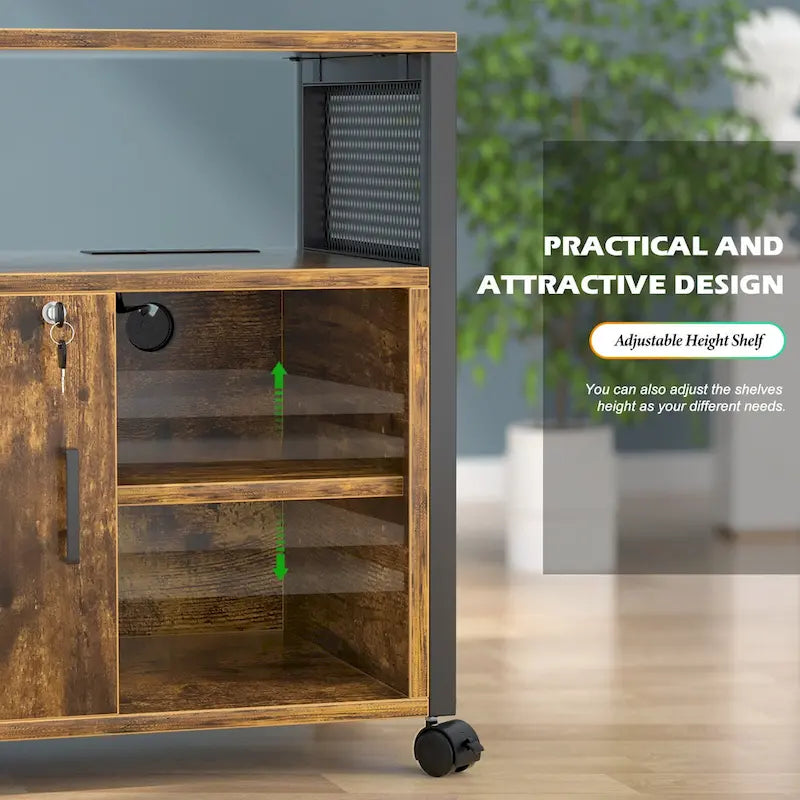 Classeur latéral à roulettes pour bureau avec station de recharge, support d’imprimante moderne à roulettes