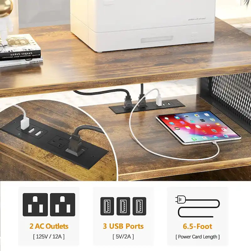 Classeur latéral à roulettes pour bureau avec station de recharge, support d’imprimante moderne à roulettes