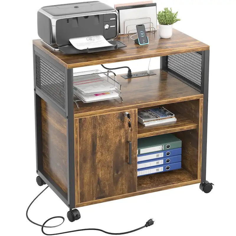 Classeur latéral à roulettes pour bureau avec station de recharge, support d’imprimante moderne à roulettes