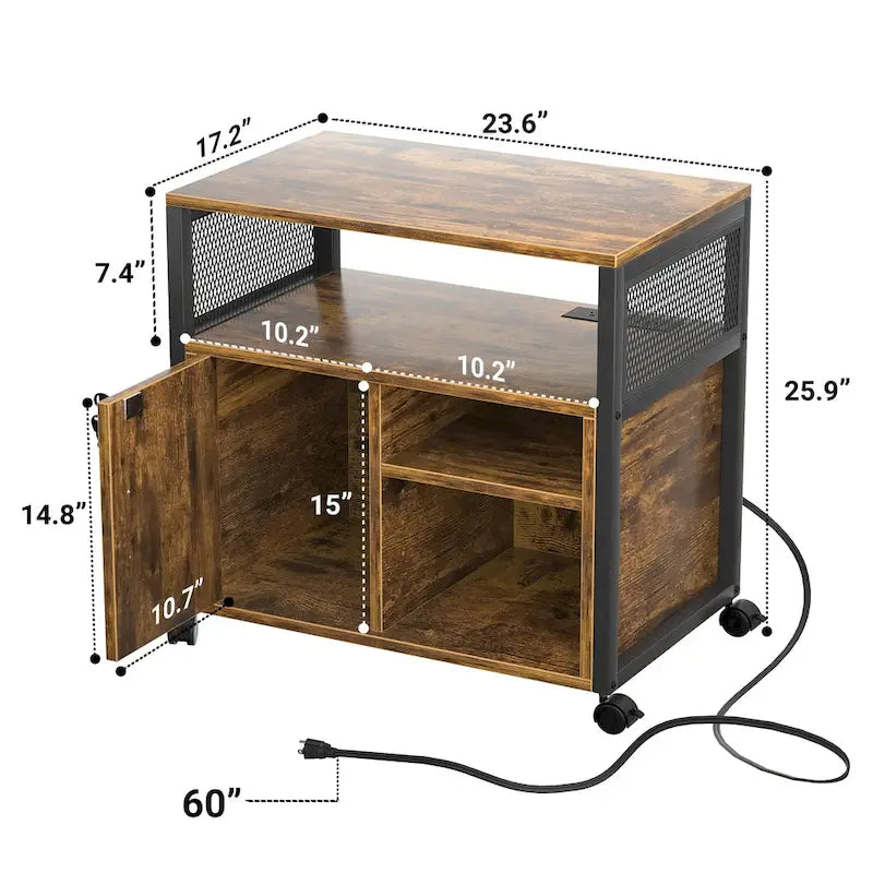 Classeur latéral à roulettes pour bureau avec station de recharge, support d’imprimante moderne à roulettes