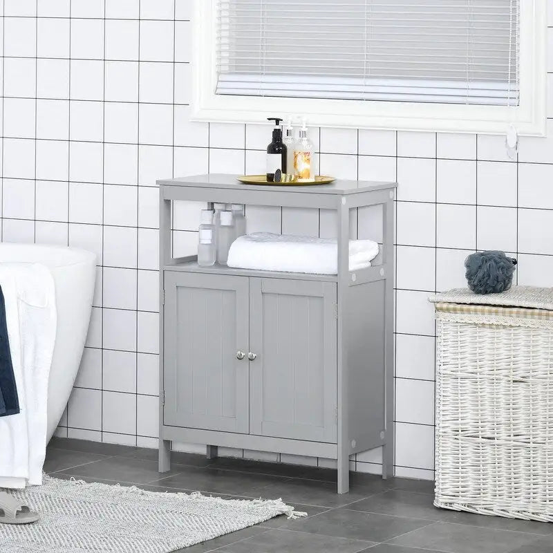 Armario moderno independiente de almacenamiento para baño, con puertas y estante abierto - 11.75D x 23.5W x 32.25H