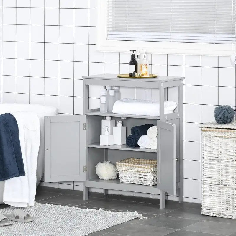 Freistehender moderner Badezimmerschrank mit Türen und offenem Regal - 11.75T x 23.5B x 32.25H