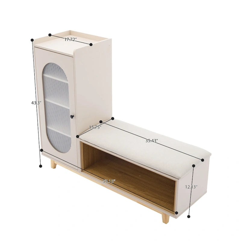 Banc à chaussures blanc crème avec meuble de rangement et pieds en bois massif pour une entrée bien organisée