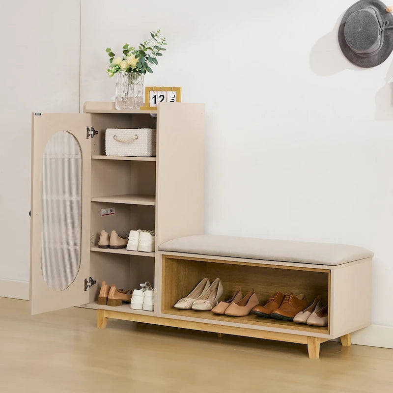 Banco zapatero blanco crema con armario de almacenamiento y patas de madera maciza para recibidores ordenados