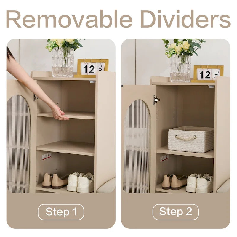 Banc à chaussures blanc crème avec meuble de rangement et pieds en bois massif pour une entrée bien organisée