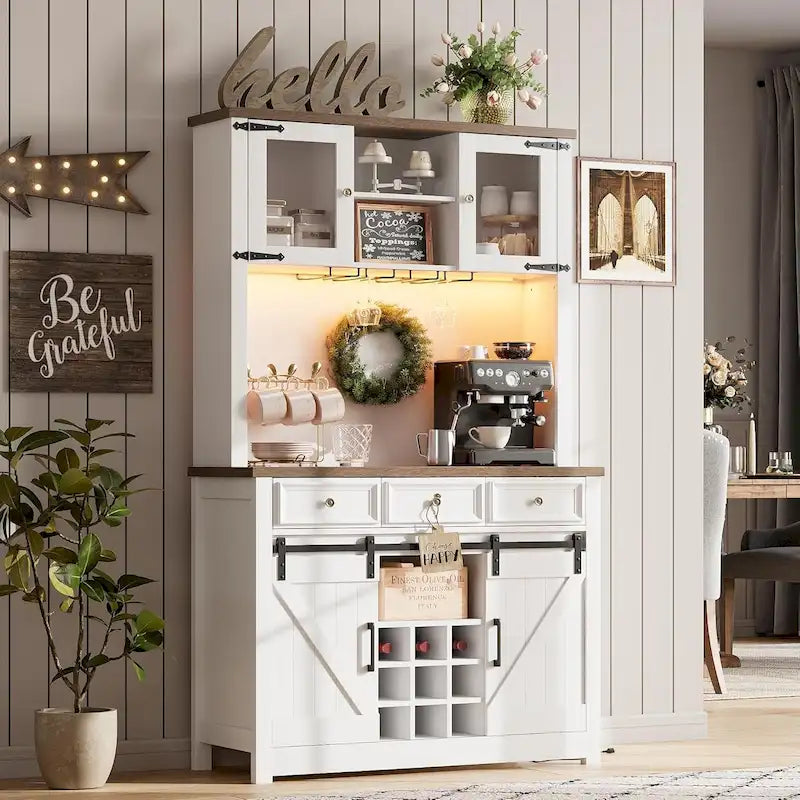 Mueble moderno estilo granja para barra de café con luces LED y tomas de corriente, armario de cocina