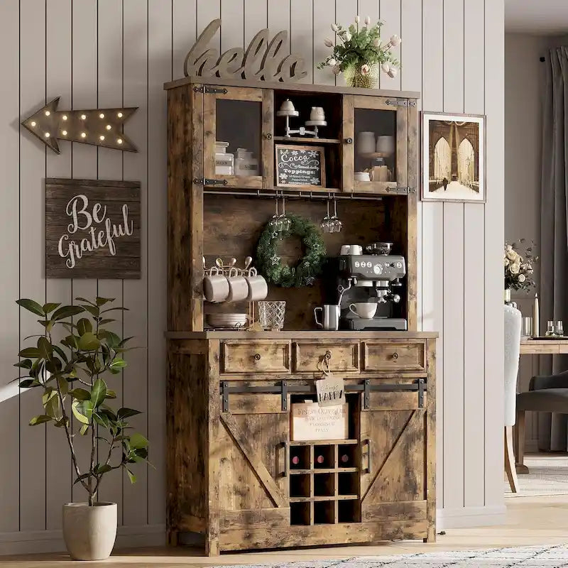 Meuble de bar à café moderne de style farmhouse avec éclairage LED et prises électriques, meuble de cuisine