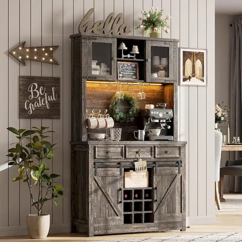 Meuble de bar à café moderne de style farmhouse avec éclairage LED et prises électriques, meuble de cuisine