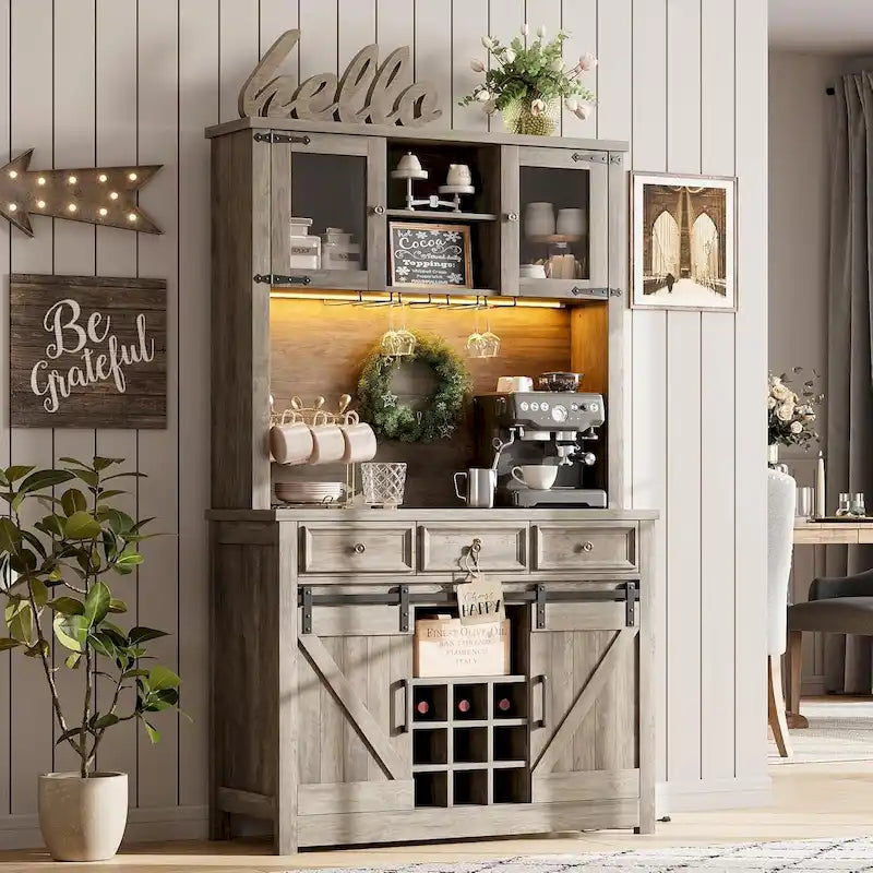 Meuble de bar à café moderne de style farmhouse avec éclairage LED et prises électriques, meuble de cuisine