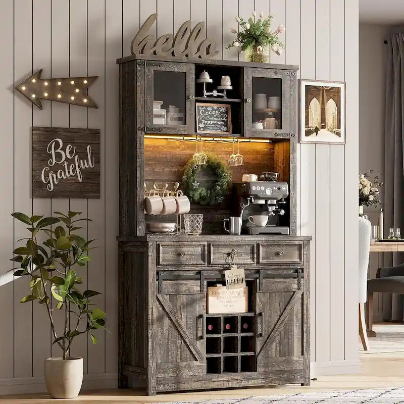 Modern Farmhouse Coffee Bar Cabinet with LED Lights & Power Outlets, Kitchen Cabinet