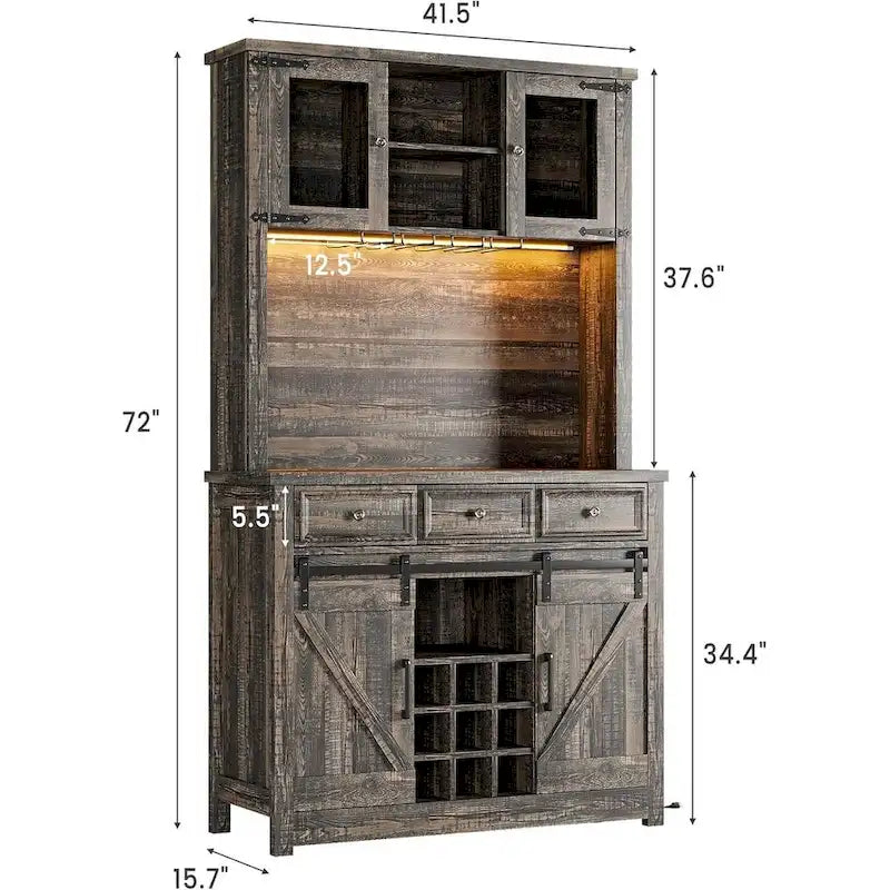 Mueble moderno estilo granja para barra de café con luces LED y tomas de corriente, armario de cocina