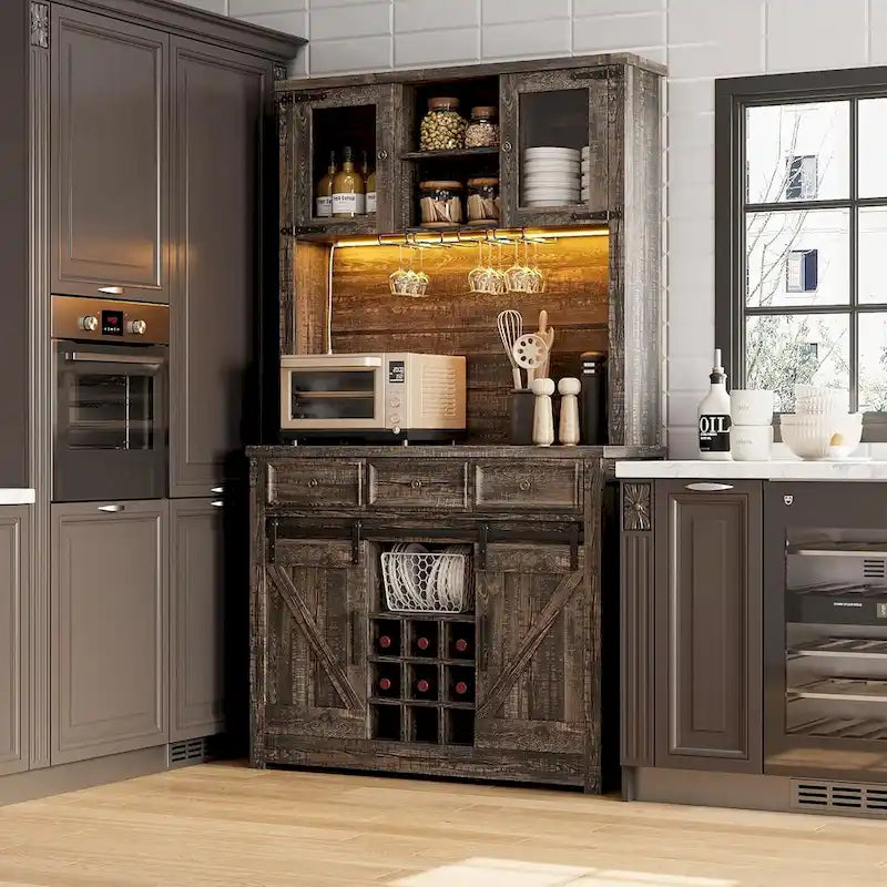 Mueble moderno estilo granja para barra de café con luces LED y tomas de corriente, armario de cocina