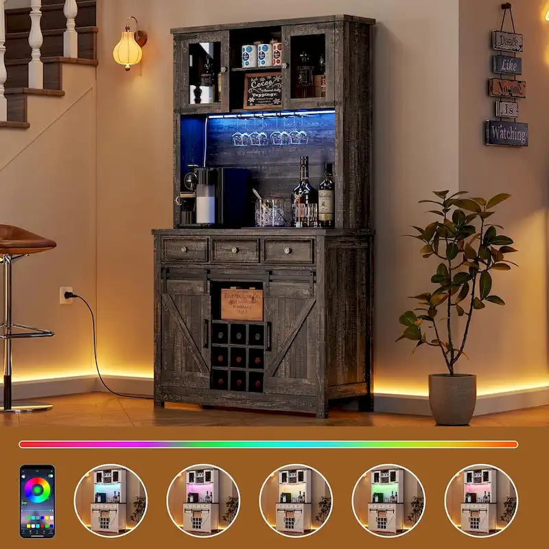 Meuble de bar à café moderne de style farmhouse avec éclairage LED et prises électriques, meuble de cuisine